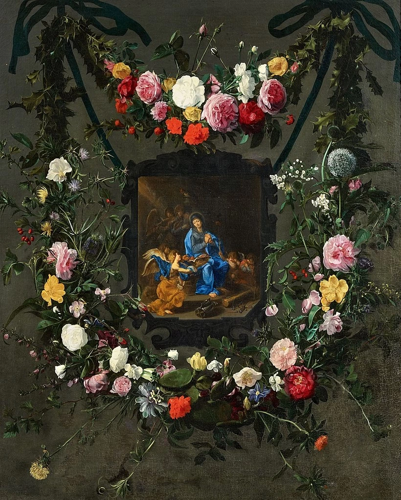 Una ghirlanda di fiori che circonda un medaglione della Vergine in preghiera - con Daniël Seghers